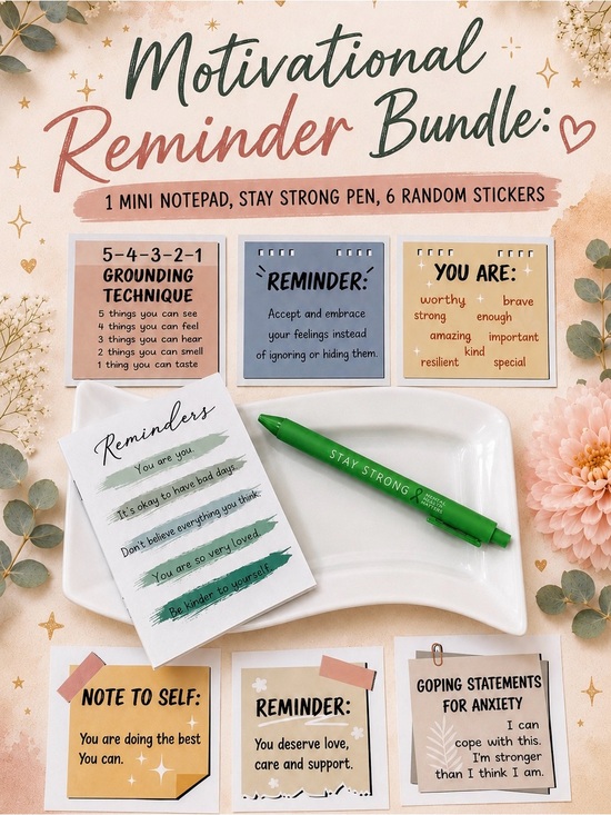 Other - Motivational Reminder BUNDLE: Stay Strong Pen, Mini Notepad, 6 Random Stickers